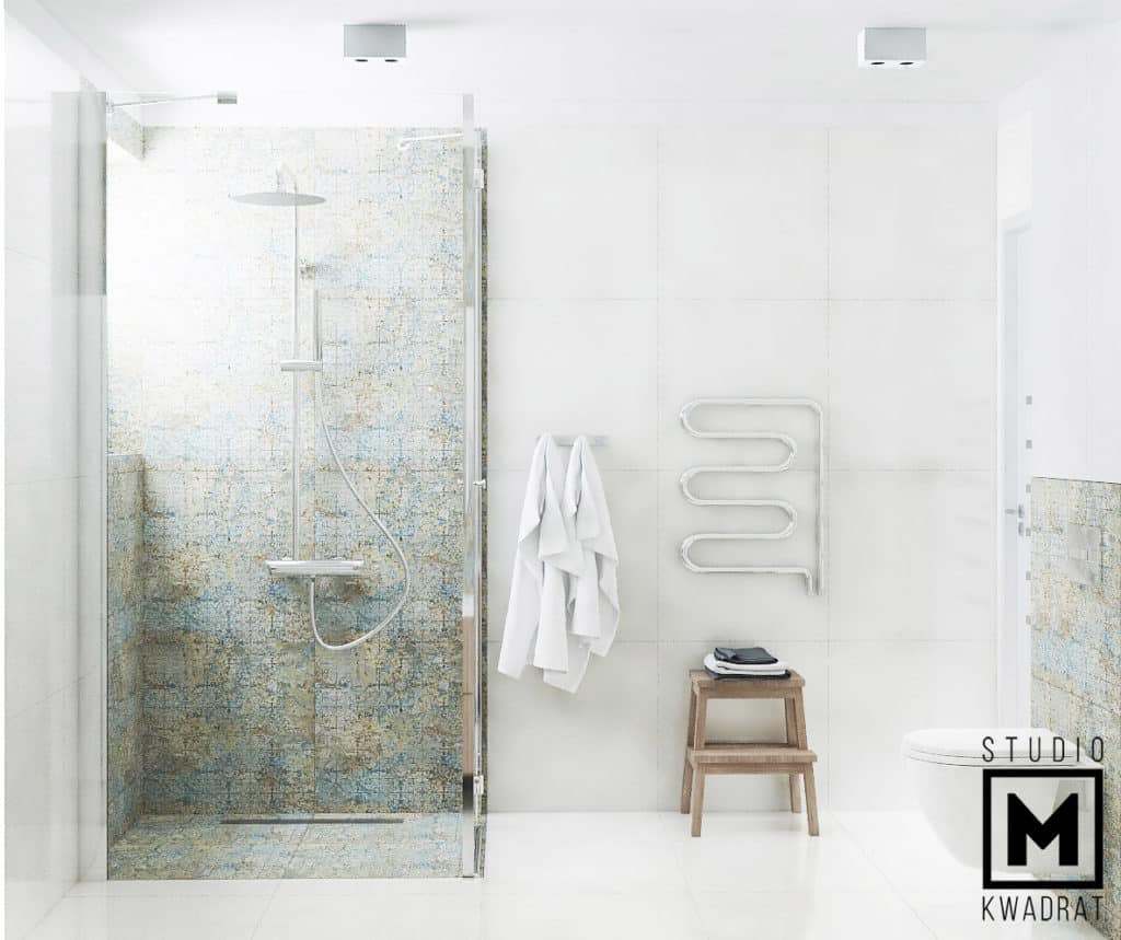 projekt nowoczesnej jasnej sterylnej łazienki z przeszkloną kabiną prysznicową