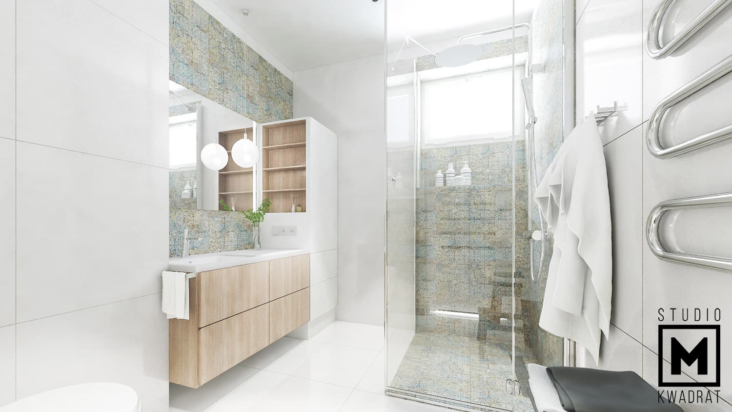 płytki carpet, ozdobny grzejnik, projekt jasnej łazienki z przeszkloną kabiną prysznicową