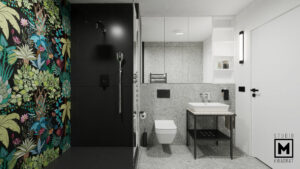 Jasna łazienka z prysznicem wykończonym na czarno z dekoracyjnym wzorem z płytek.
