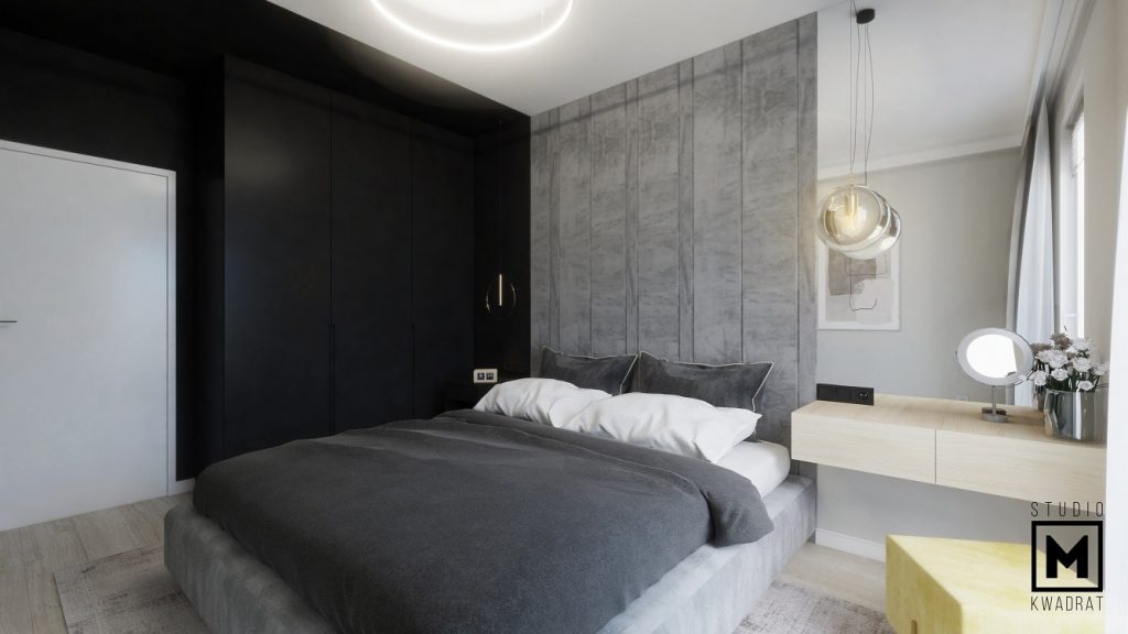 nowoczesna i elegancka sypialnia w ciemnych kolorach-min