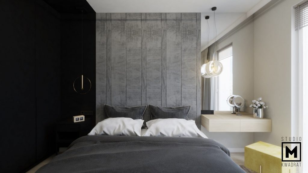 sypialnia z zagłówkiem z paneli tapicerowanych-min