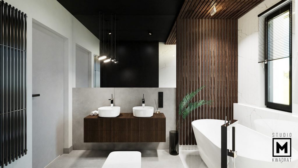 łazienka z dwoma umywalkami dużym lustrem drewnianymi lamelami naturalne materiały drewno i kamień-min