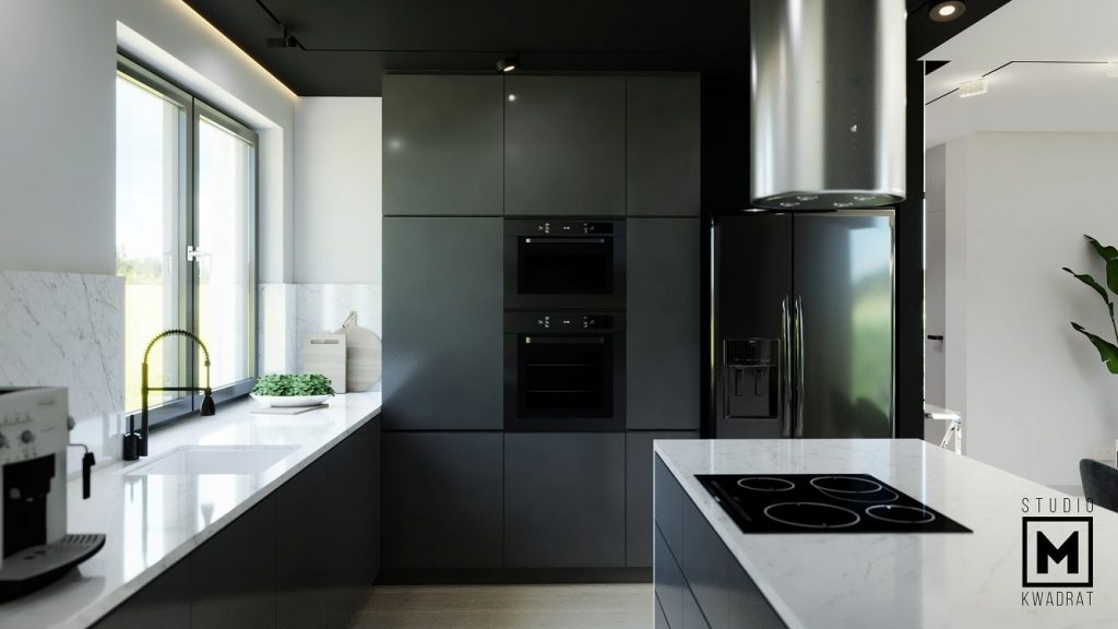 projekt kuchni z czarnymi frontami w stylu glamour srebrny okap-min
