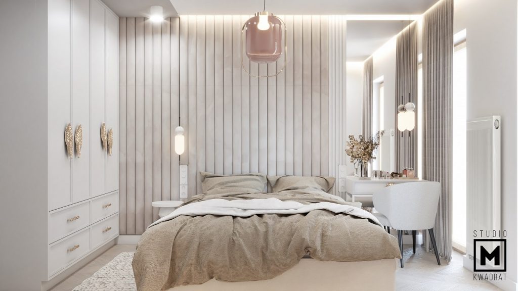 kobiece sypialnia w stylu modern z lampami wiszącymi-min