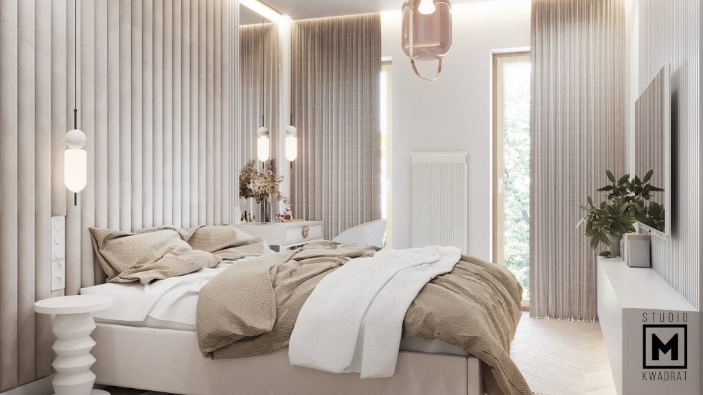 nowoczesna sypialnia z panelami tapicerowanymi za łóżkiem-min