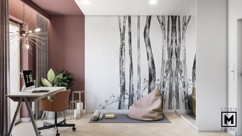 tapeta z motywem roślinnym w pokoju do jogi projekt architekta-min
